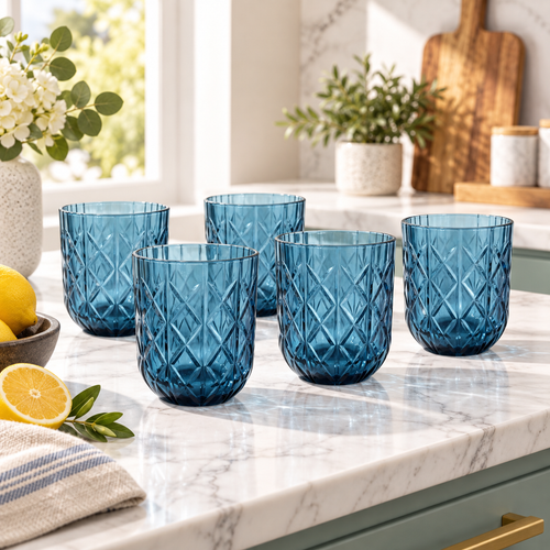 Ocean Blue Diamond Cut Glass Set 6 Piece (350 ML)