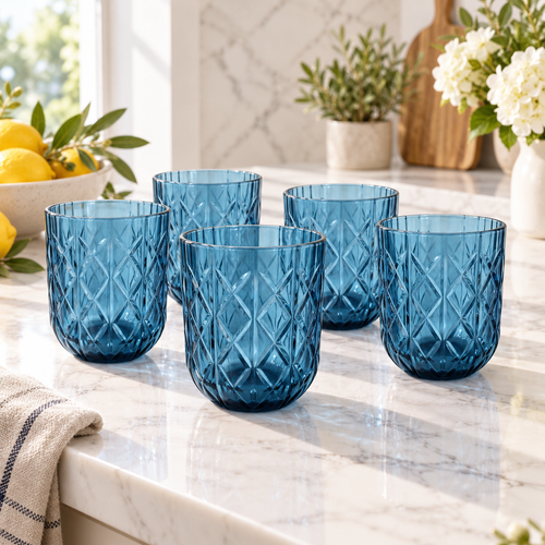 Ocean Blue Diamond Cut Glass Set 6 Piece (350 ML)