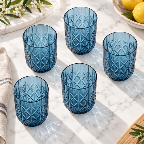 Ocean Blue Diamond Cut Glass Set 6 Piece (350 ML)