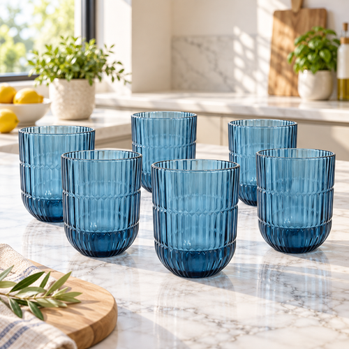 Ocean Blue Ribbed Banded Glass Set 6 Piece (350 ML)