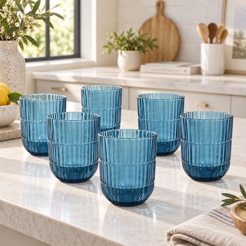 Ocean Blue Ribbed Banded Glass Set 6 Piece (350 ML)