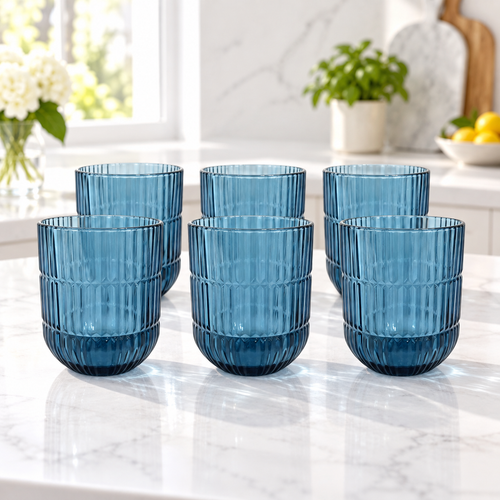 Ocean Blue Ribbed Banded Glass Set 6 Piece (350 ML)