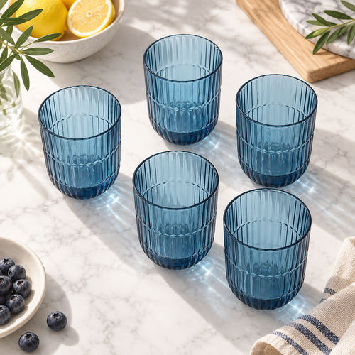 Ocean Blue Ribbed Banded Glass Set 6 Piece (350 ML)
