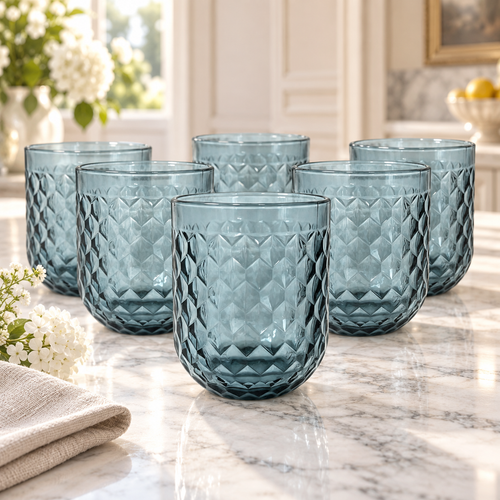 Dusty Slate Blue Diamond Cut Glass Set 6 Piece (250 ML)