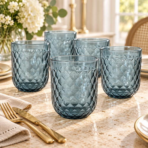 Dusty Slate Blue Diamond Cut Glass Set 6 Piece (250 ML)