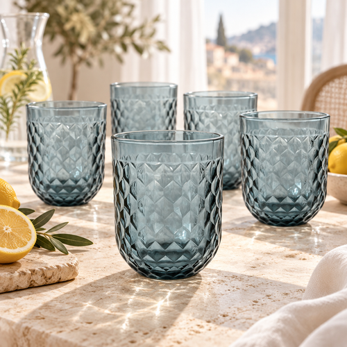 Dusty Slate Blue Diamond Cut Glass Set 6 Piece (250 ML)