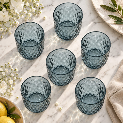 Dusty Slate Blue Diamond Cut Glass Set 6 Piece (250 ML)