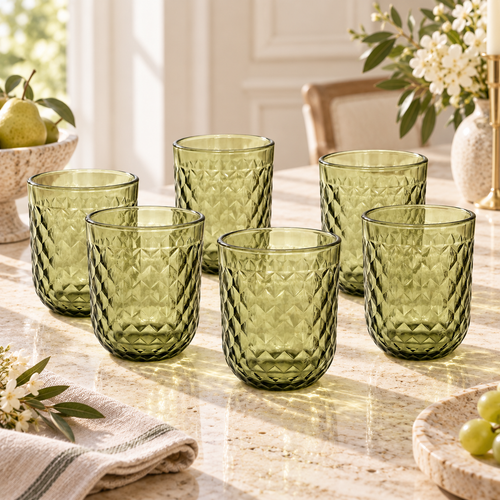 Mint Sage Diamond Cut Glass Set 6 Piece (250 ML)