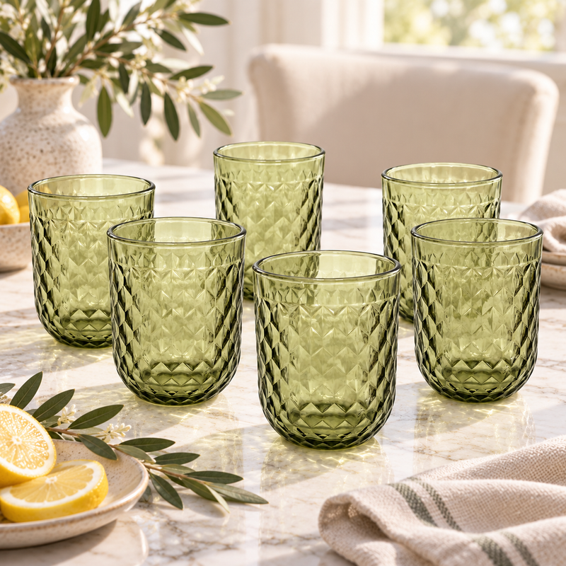 Mint Sage Diamond Cut Glass Set 6 Piece (250 ML)