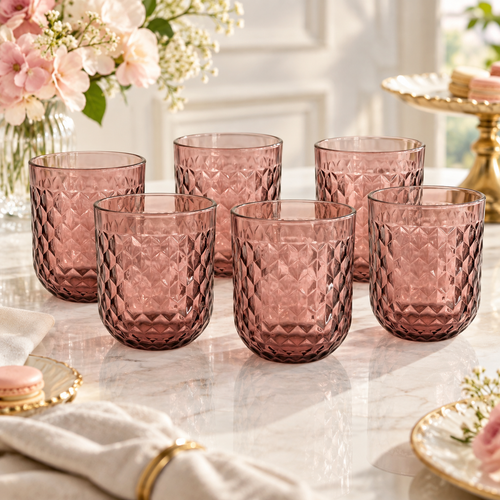 Smoky Rose Diamond Cut Glass Set 6 Piece (250 ML)