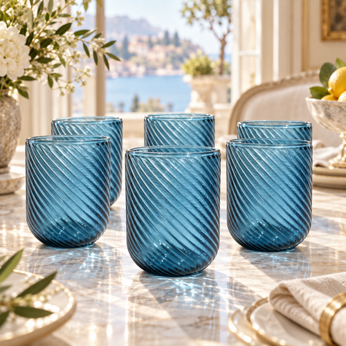 Elegant Ocean Blue Spiral Swirl Glass Set 6 Piece (250 ML)