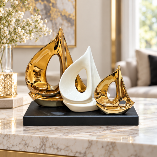 Modernist Ceramic Sailboat Trio Showpiece