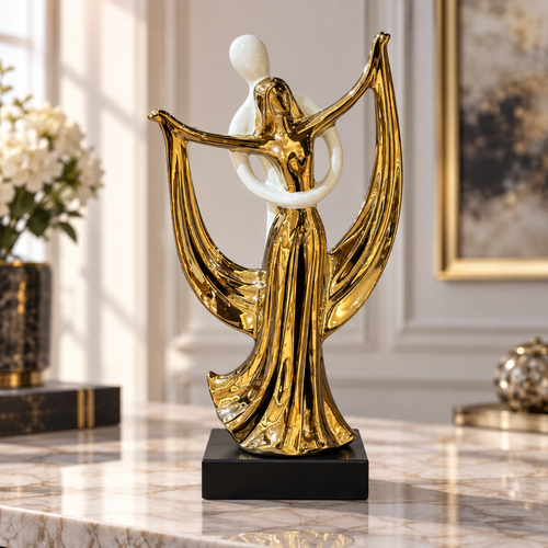 Embracing Dancing Couple Sculpture in Ivory & Gold