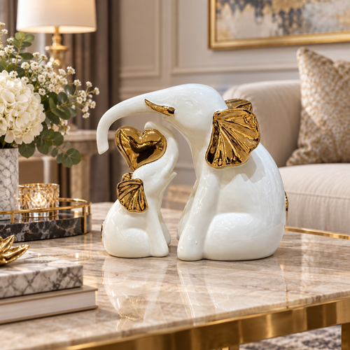 Elegant Gold Heart Motif & White Elephant Pair