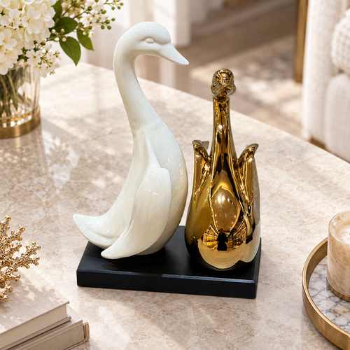 Graceful Swan Duo Sculpture in Ivory & Gold