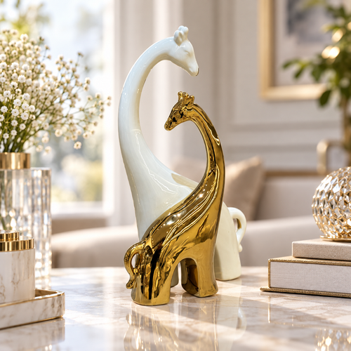 Giraffe Duo Sculpture in Ivory & Gold
