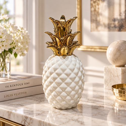 Ivory & Gold Ceramic Pineapple Sculpture