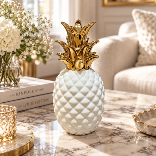 Ivory & Gold Ceramic Pineapple Sculpture