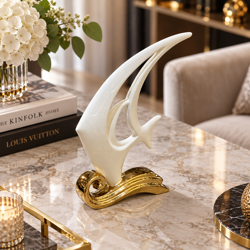 Golden Wave Abstract Fish Ceramic Figurine