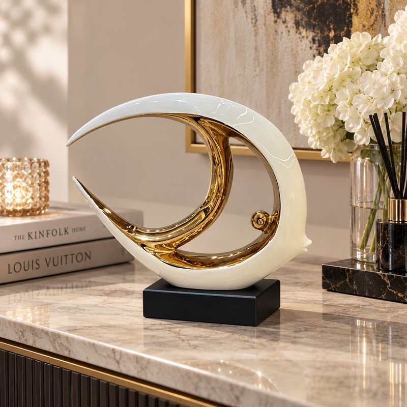 Golden Horizon Crescent Fish Abstract Sculpture