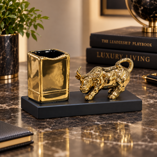 Luxury Gold Bull & Pen Holder Desk Set