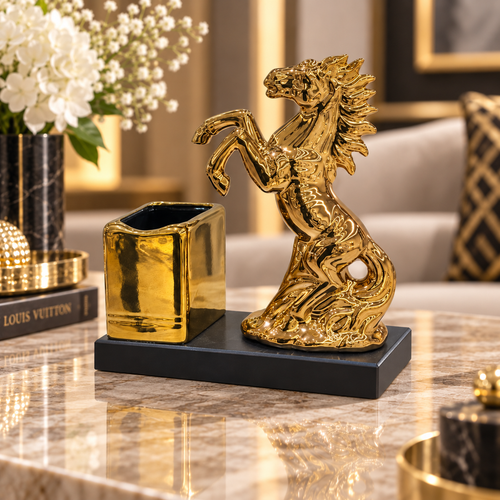 Luxury Gold Rearing Horse & Pen Holder Desk Set