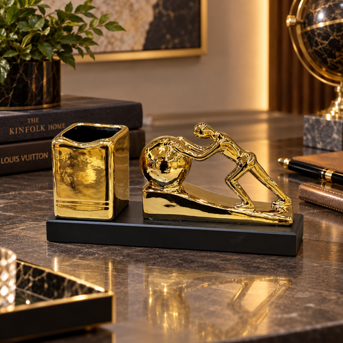Luxury Gold Figure & Globe Pen Holder Desk Set
