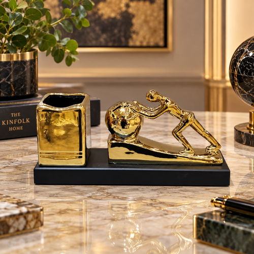 Luxury Gold Figure & Globe Pen Holder Desk Set