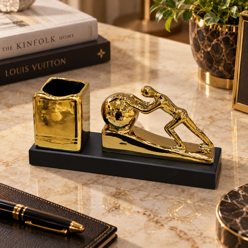 Luxury Gold Figure & Globe Pen Holder Desk Set