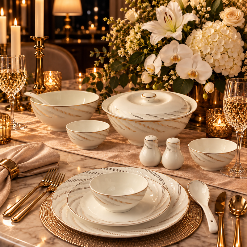 Radiant Gold Swirl Fine Ivory Dinner Set 39 Piece