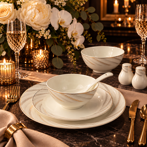 Radiant Gold Swirl Fine Ivory Dinner Set 39 Piece