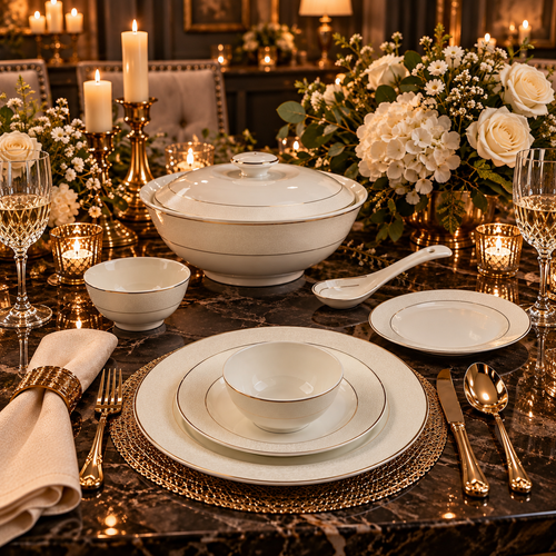 Imperial Ivory Damask Gold Rim Dining Set 39 Piece