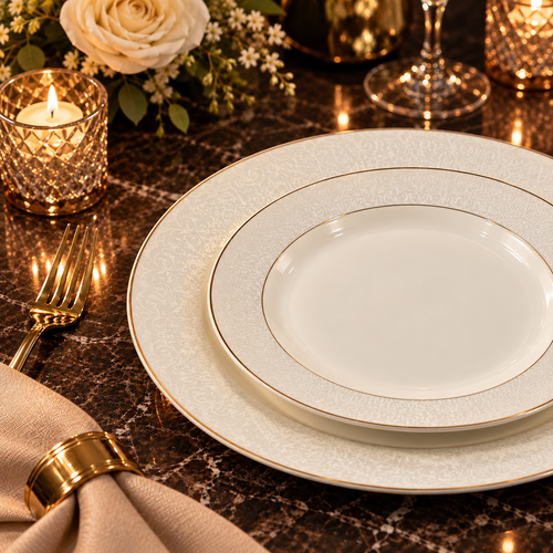 Imperial Ivory Damask Gold Rim Dining Set 39 Piece