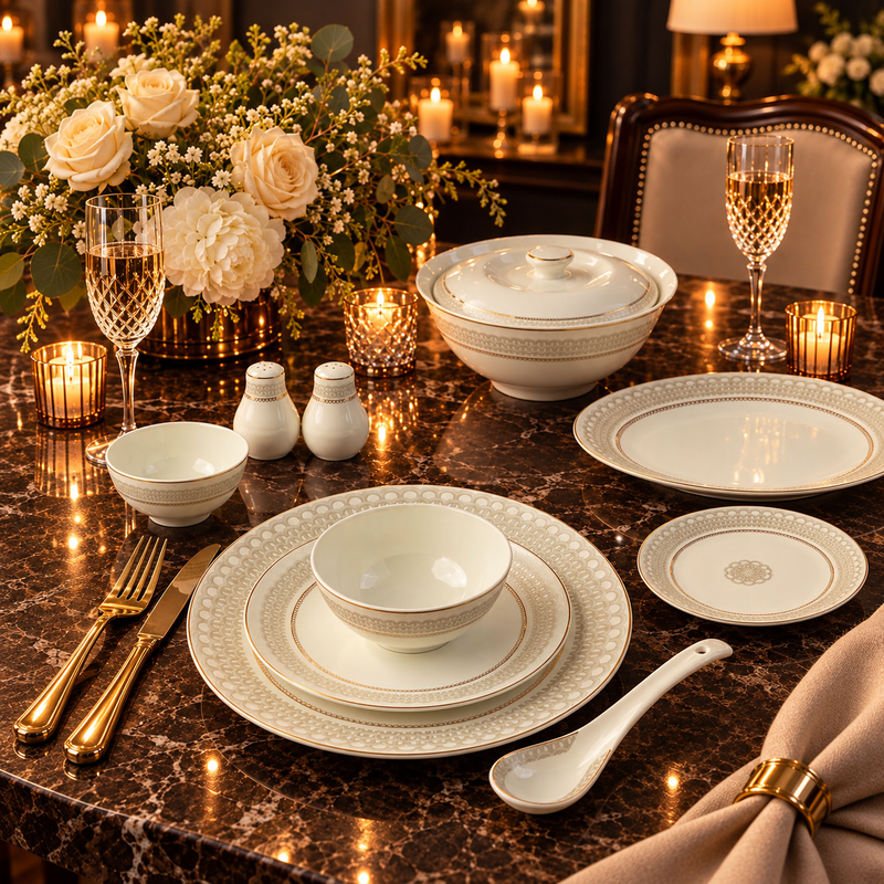 Elegant Ivory Art Deco Gold Rim Dining Set 39 Piece