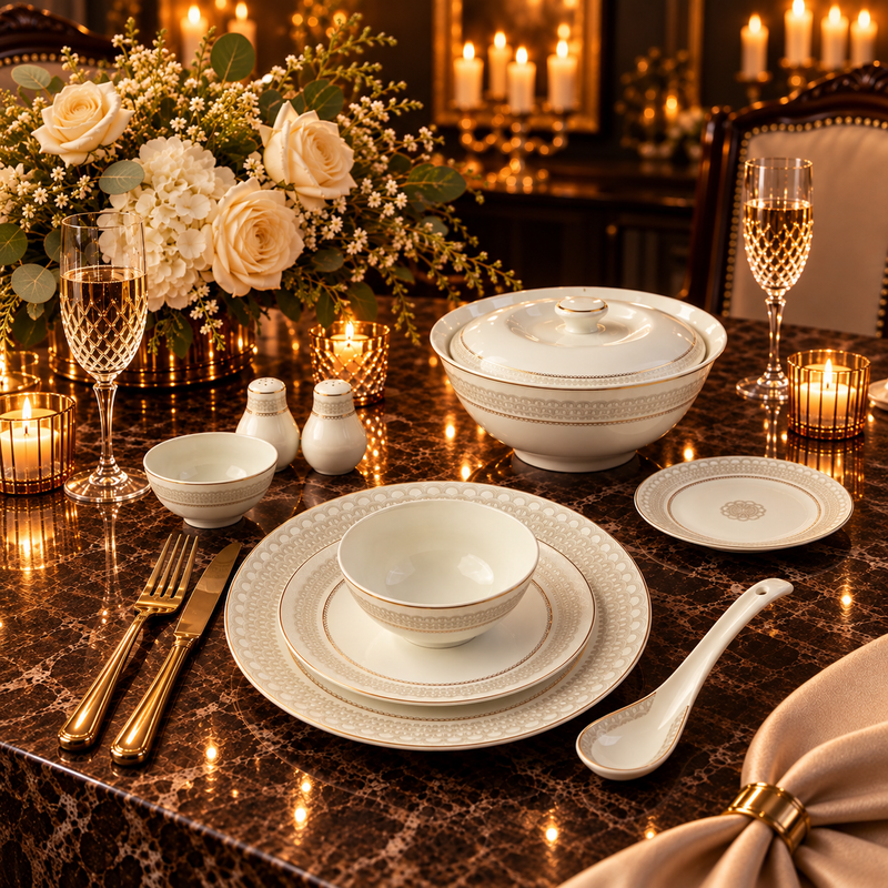 Elegant Ivory Art Deco Gold Rim Dining Set 39 Piece