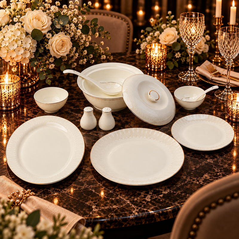 Modern Ivory Feathered Arch Gold Rim Dinner Set 39 Piece
