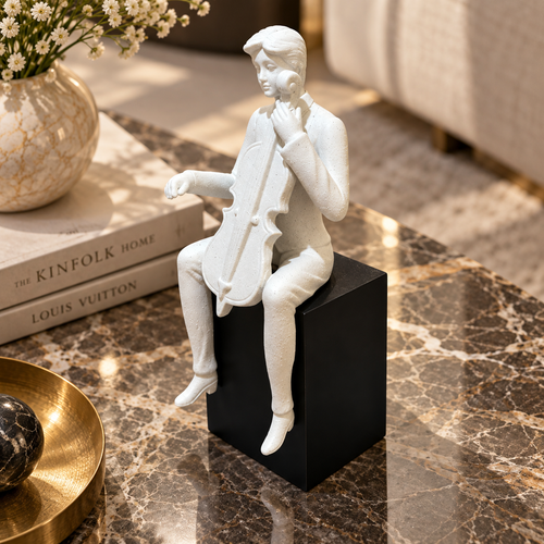 Elegant Modernist Seated Cellist Sculpture