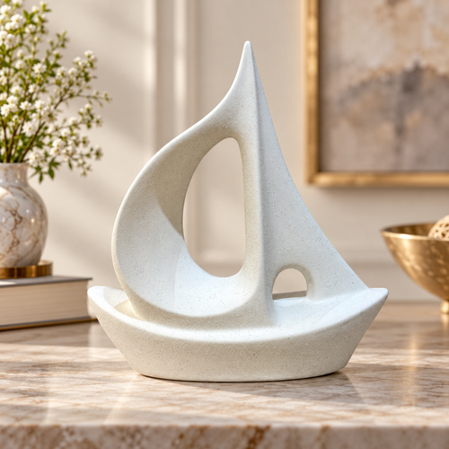 Abstract White Speckled Sailboat Figurine