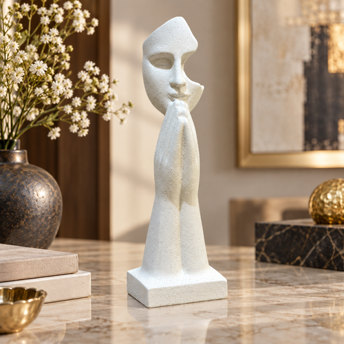 Modern White Speckled Praying Face Statue