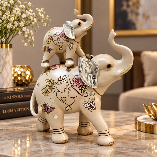 Mother & Baby Elephant Line Art Figurine