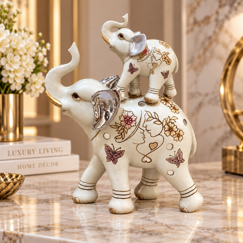 Cream & Silver Trunk-Up Stacked Elephant Statue
