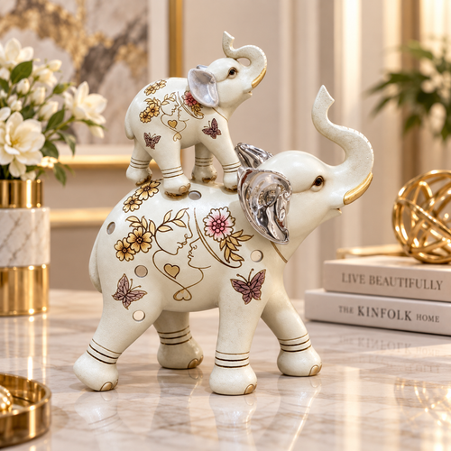 Cream & Silver Trunk-Up Stacked Elephant Statue