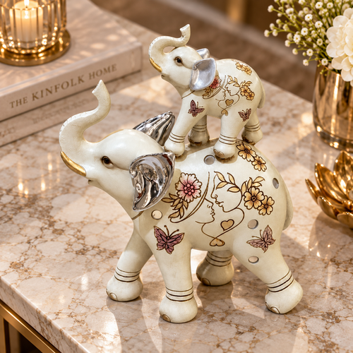 Cream & Silver Trunk-Up Stacked Elephant Statue