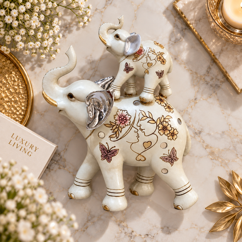 Cream & Silver Trunk-Up Stacked Elephant Statue
