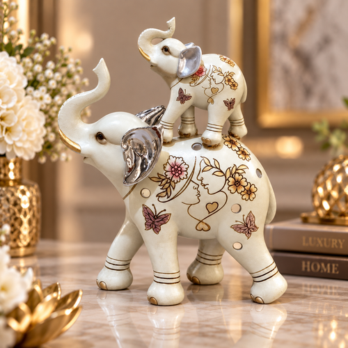 Cream & Silver Trunk-Up Stacked Elephant Statue