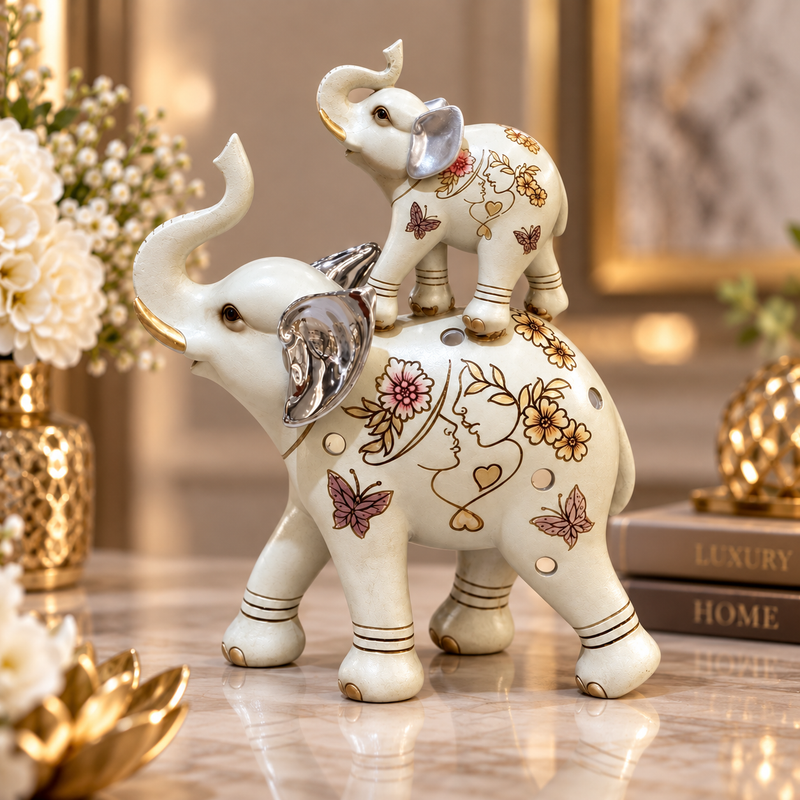 Cream & Silver Trunk-Up Stacked Elephant Statue