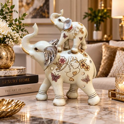 Cream & Silver Trunk-Up Stacked Elephant Statue