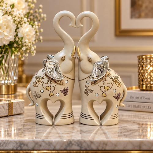 Silver Heart Trunk Elephant Couple Figurines