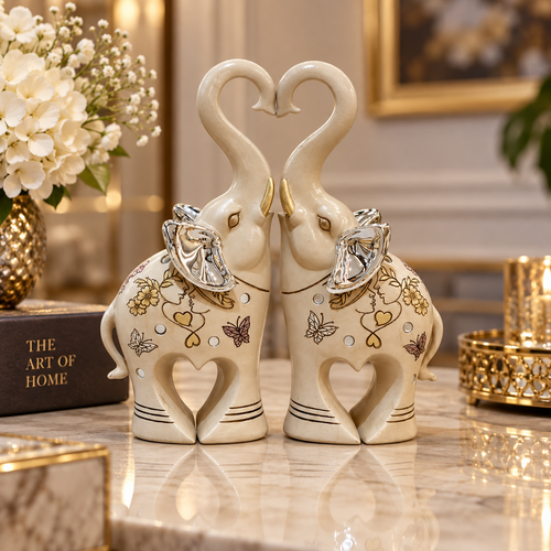 Silver Heart Trunk Elephant Couple Figurines