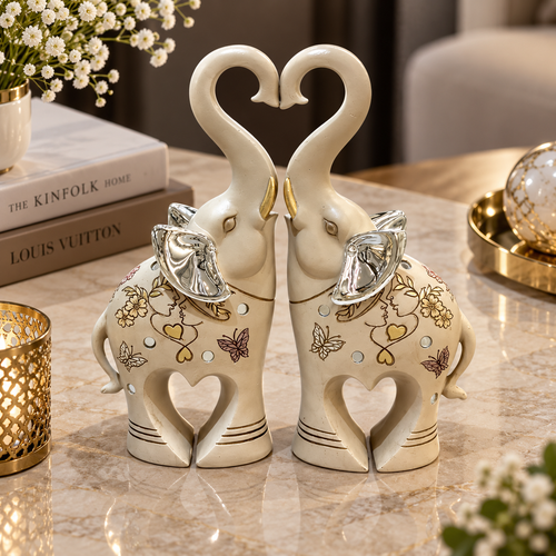 Silver Heart Trunk Elephant Couple Figurines